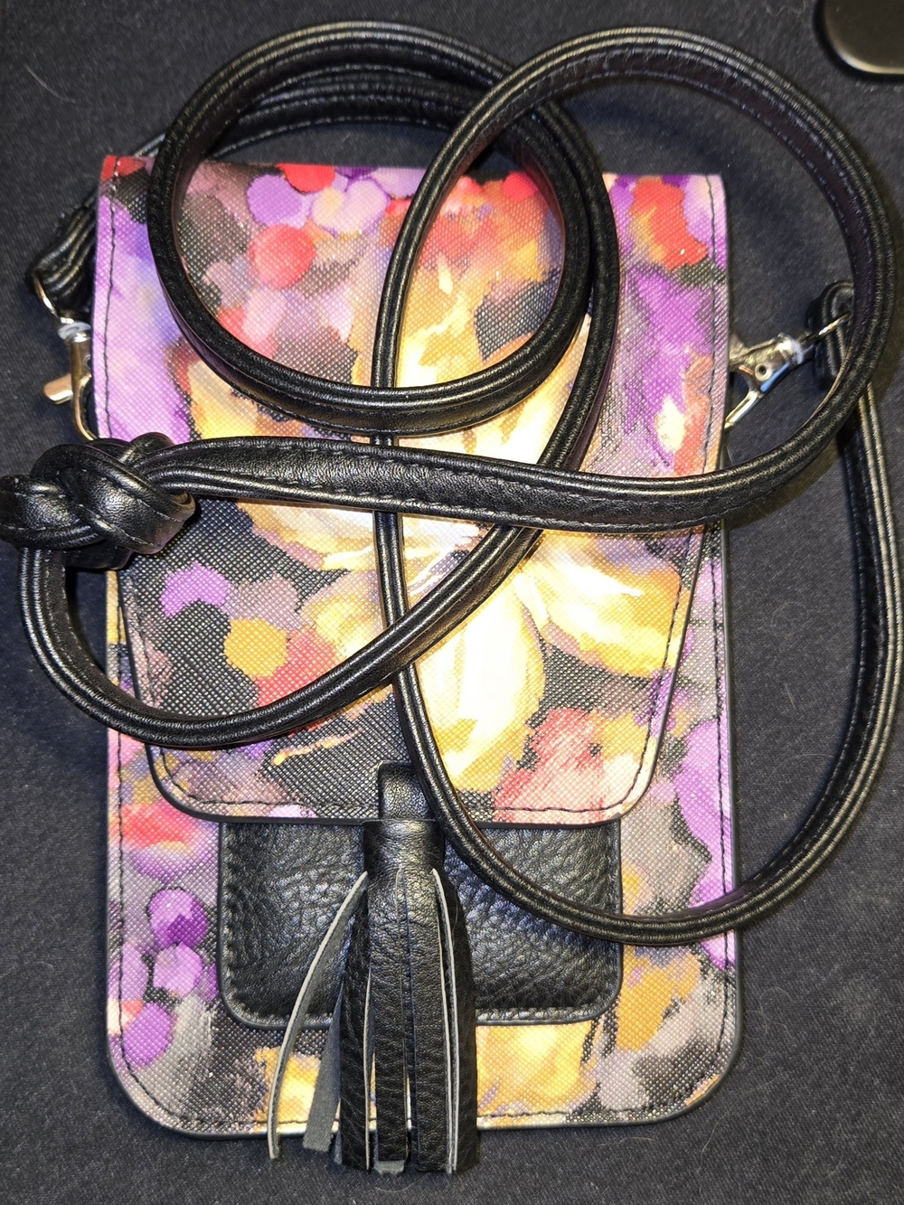 K. Carroll Harper RFID Cell Phone Crossbody Purse – Black & Purple Floral 4.5x7"